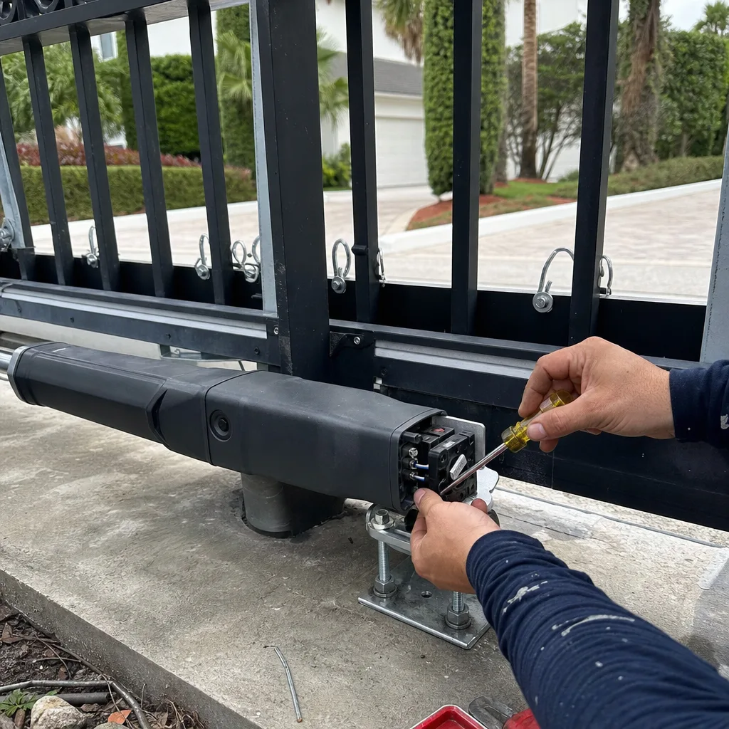 Technician performing professional electric gate motor repair and maintenance