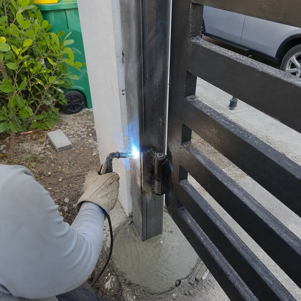 Professional welding a metal gate hinge for gate installation service in Miami, FL